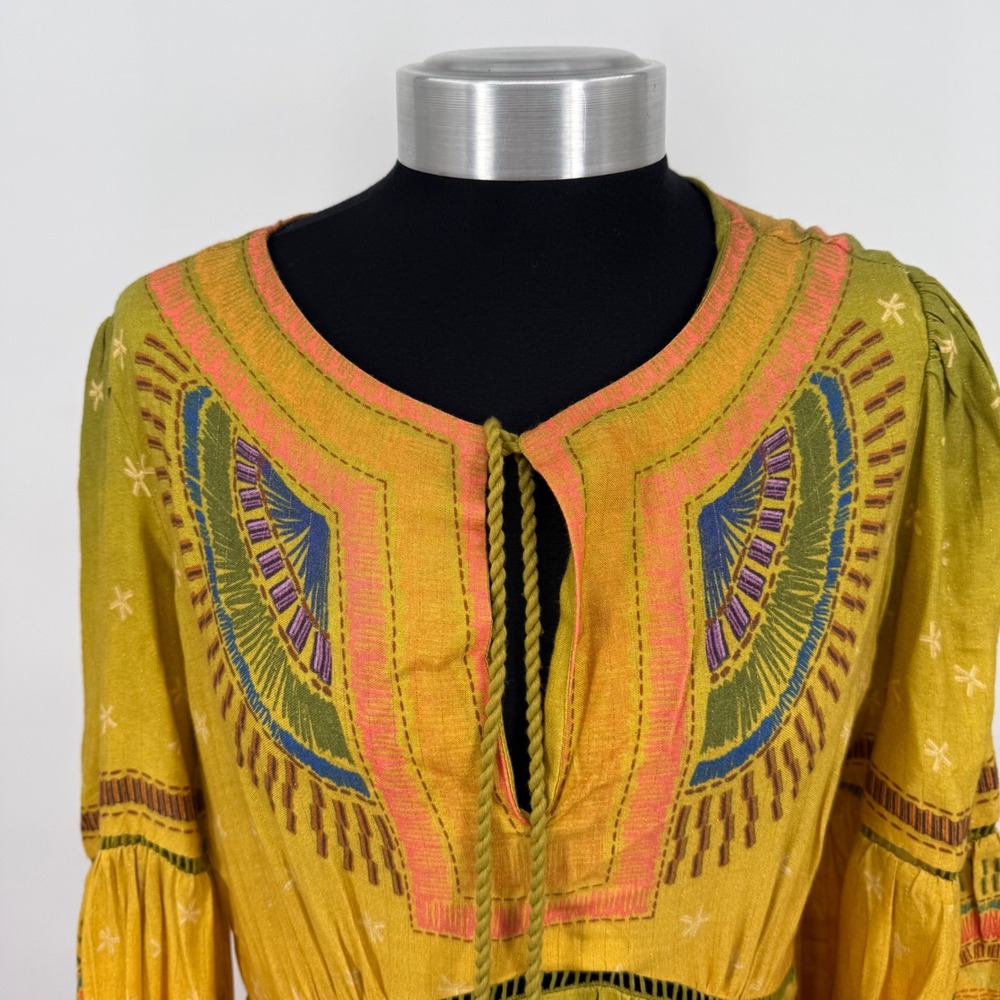 Farm Rio Yellow Ombre Bird Print Metallic Lurex Maxi Dress Womens Medium Boho - Picture 7 of 16